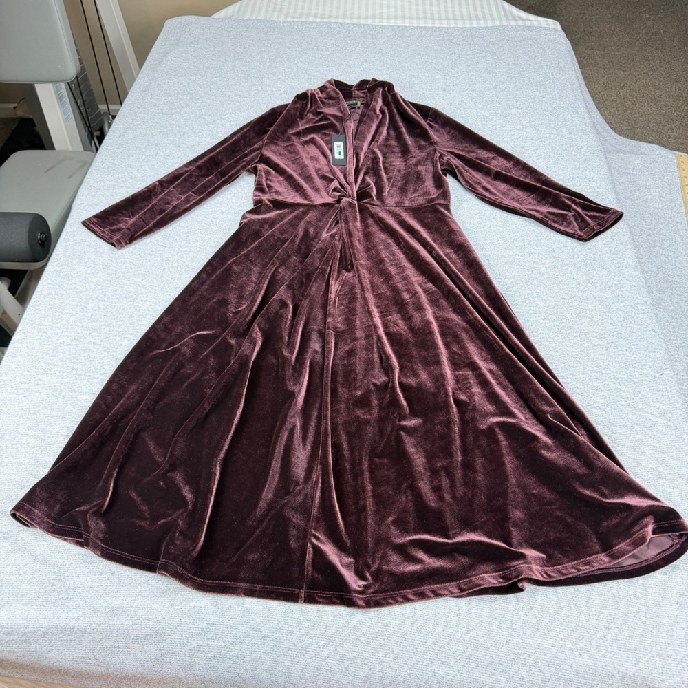 Donna Karan New York Velvet Twist Front Midi Dress Falling Leaves Purple L $165 - Picture 15 of 15